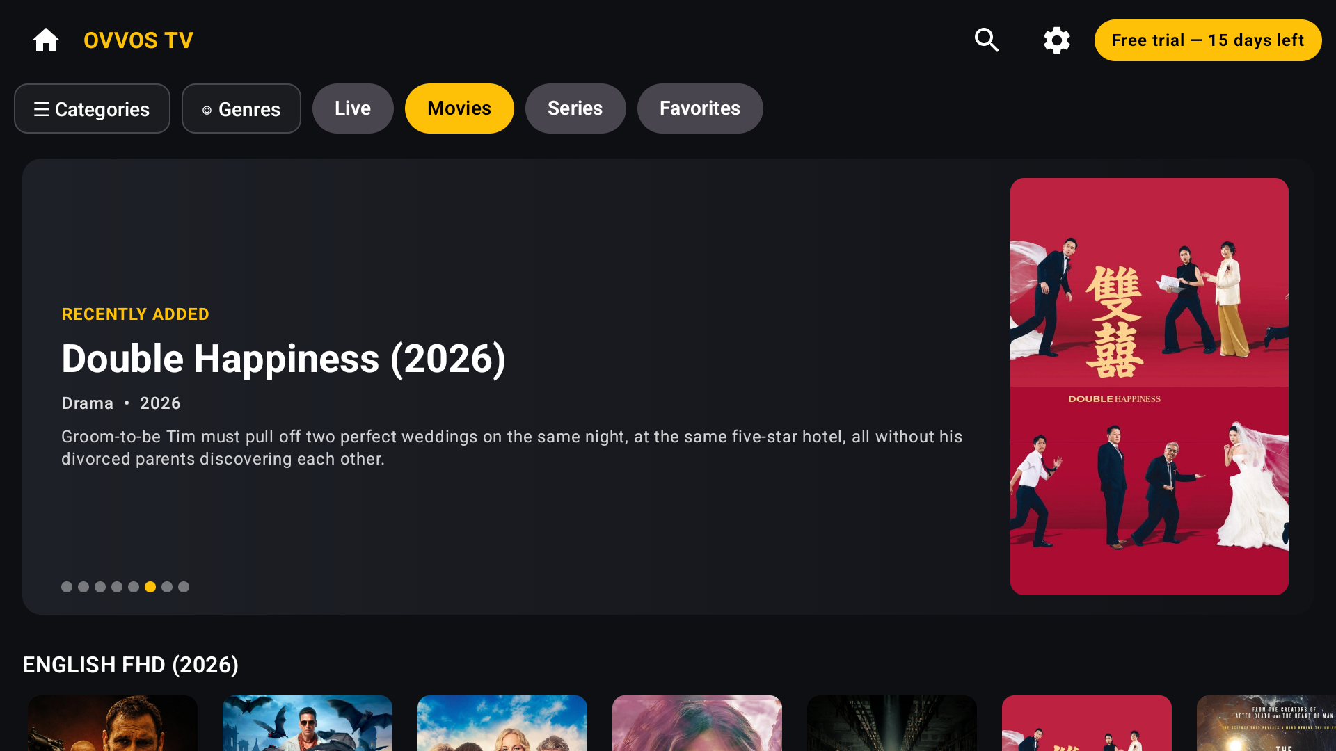 OVVOS TV home hub: Live TV, Movies, Series, Favorites, Continue Watching
