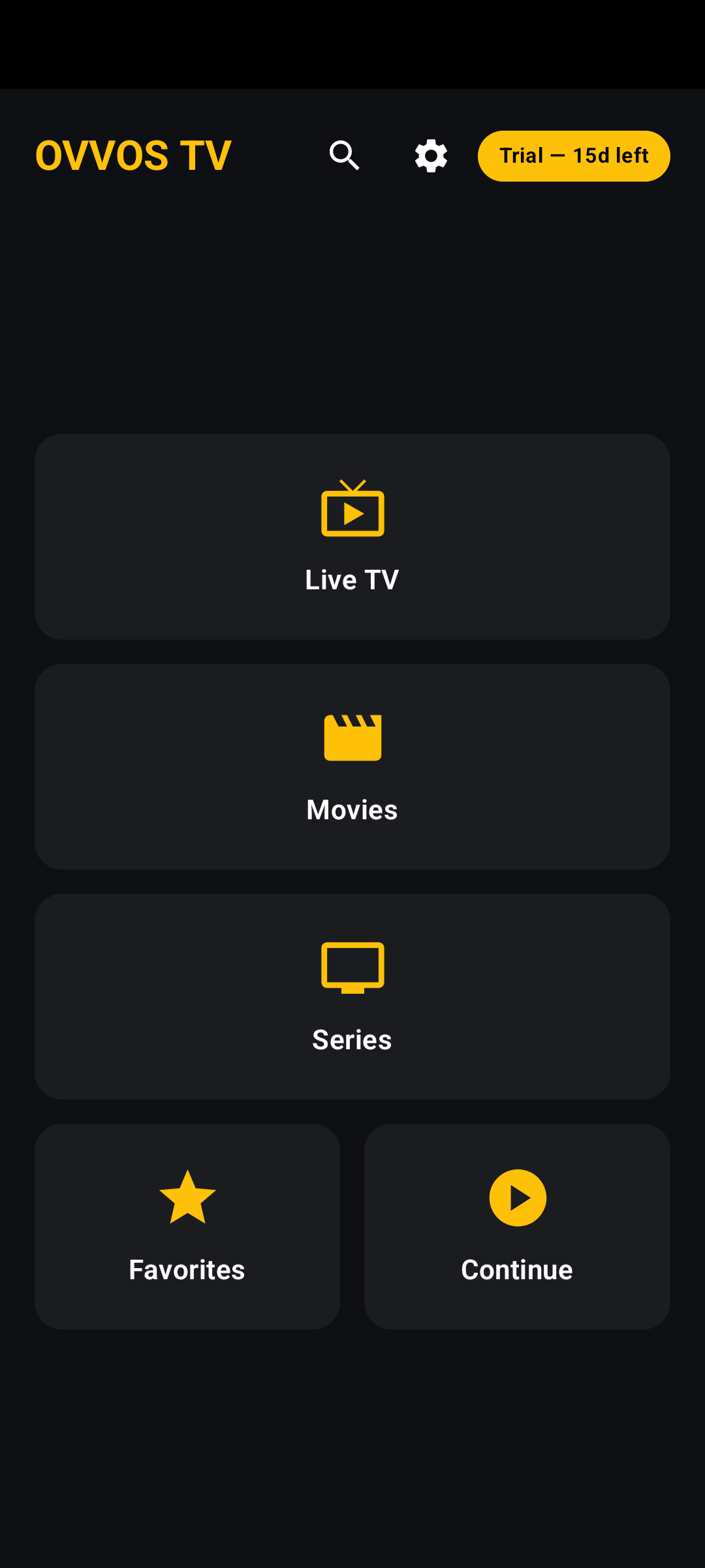 Home hub on an Android phone with the Trial — 15d left chip