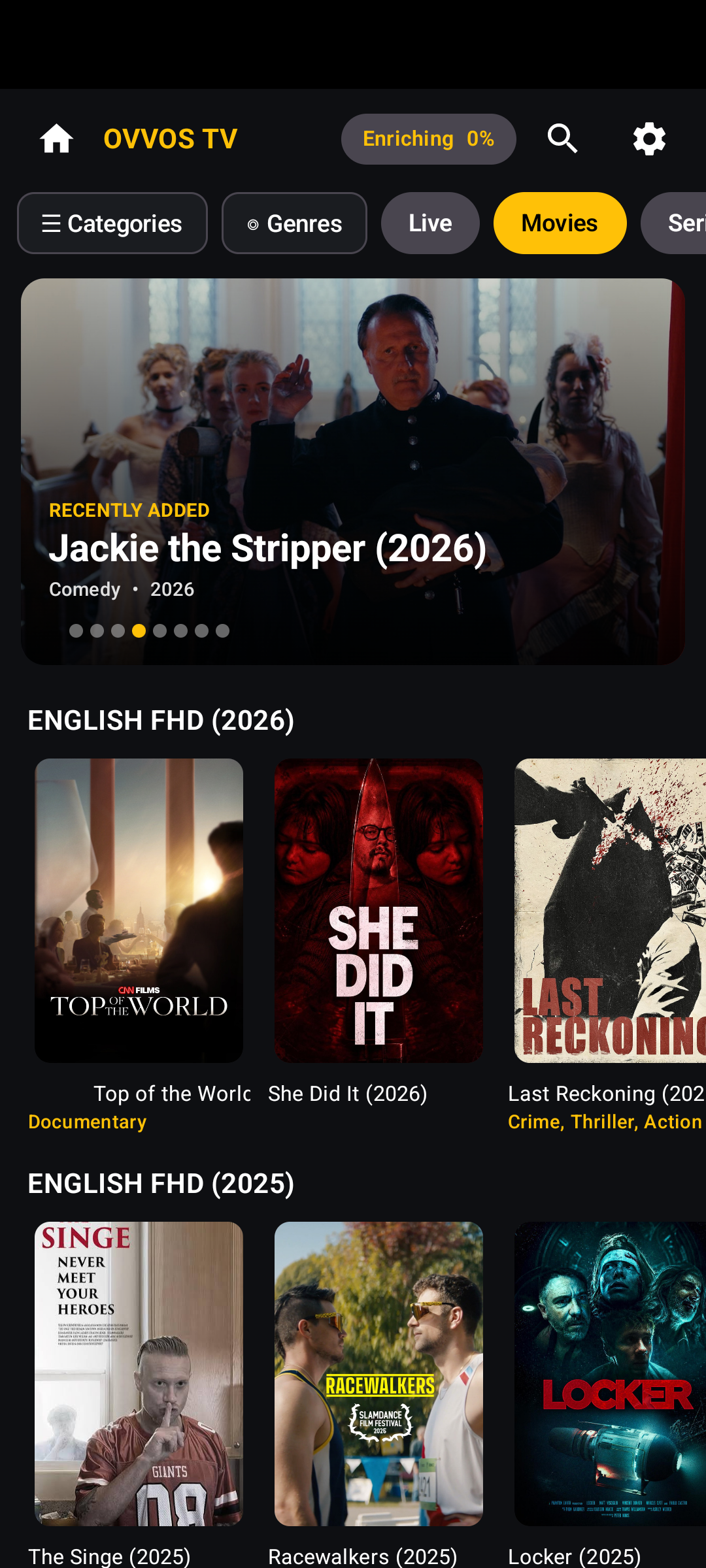 Movies on an Android phone in portrait: featured banner and three-across poster rows