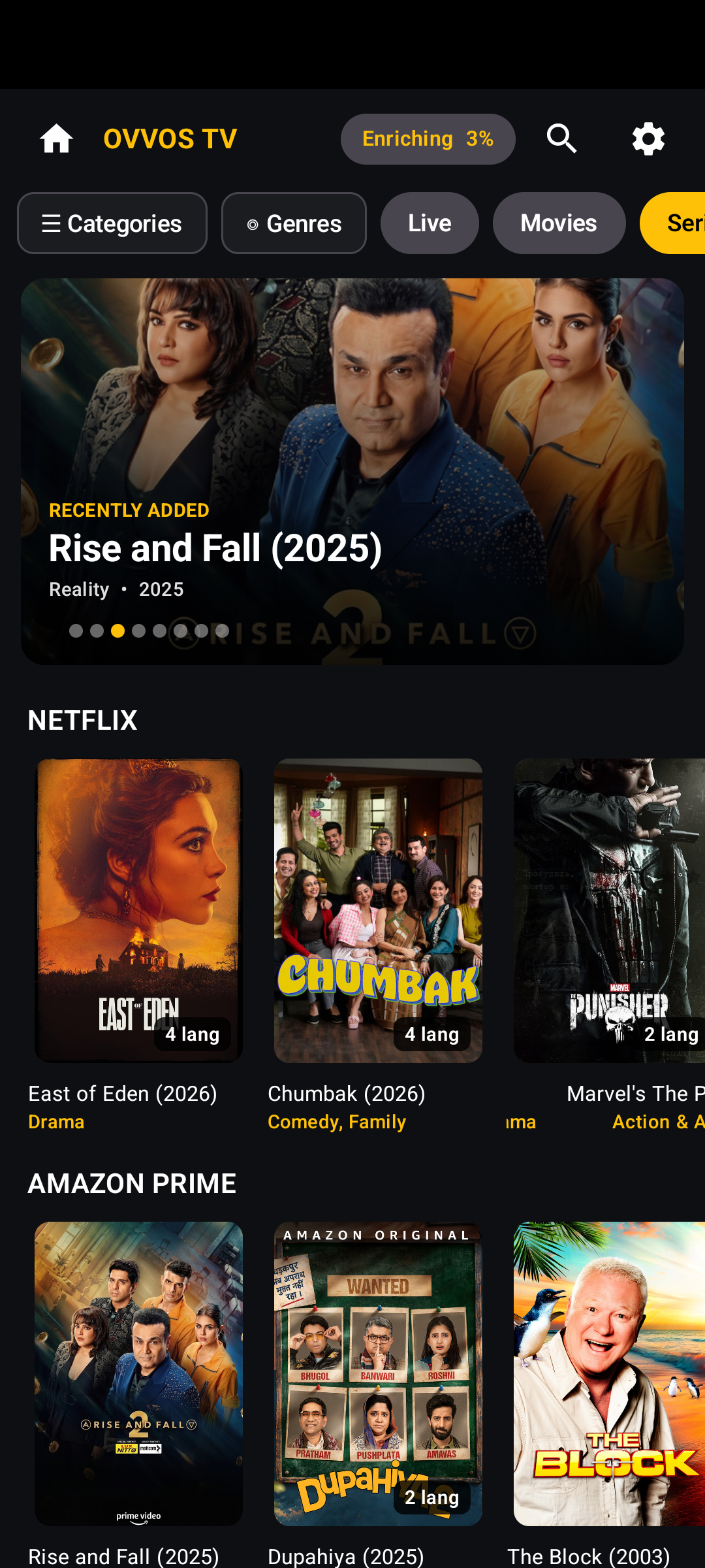 Series on an Android phone: featured banner and rows with 4 lang badges