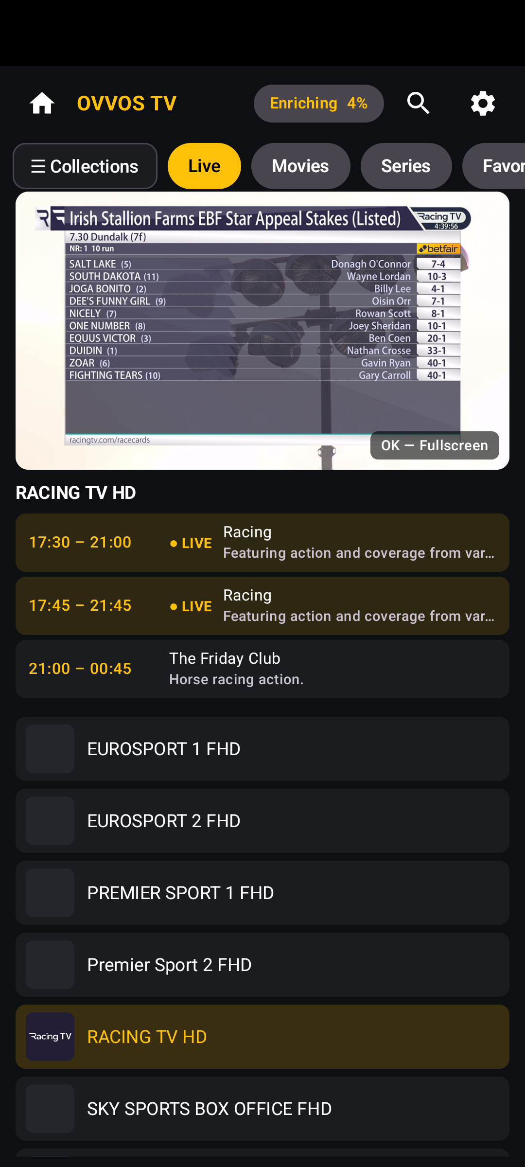 Live TV on a phone with preview, guide and channel list