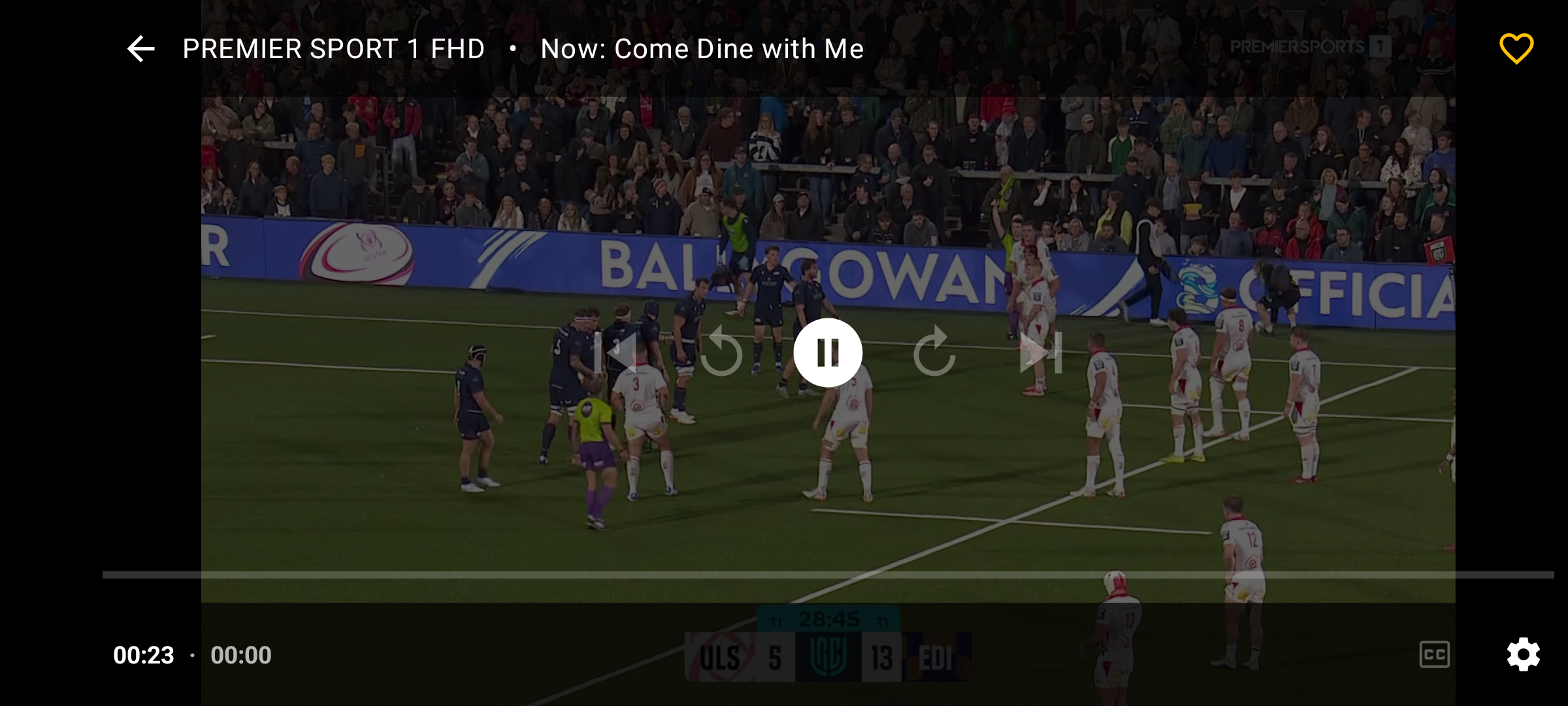 Fullscreen live TV on an Android phone in landscape with Now: Come Dine with Me in the top bar