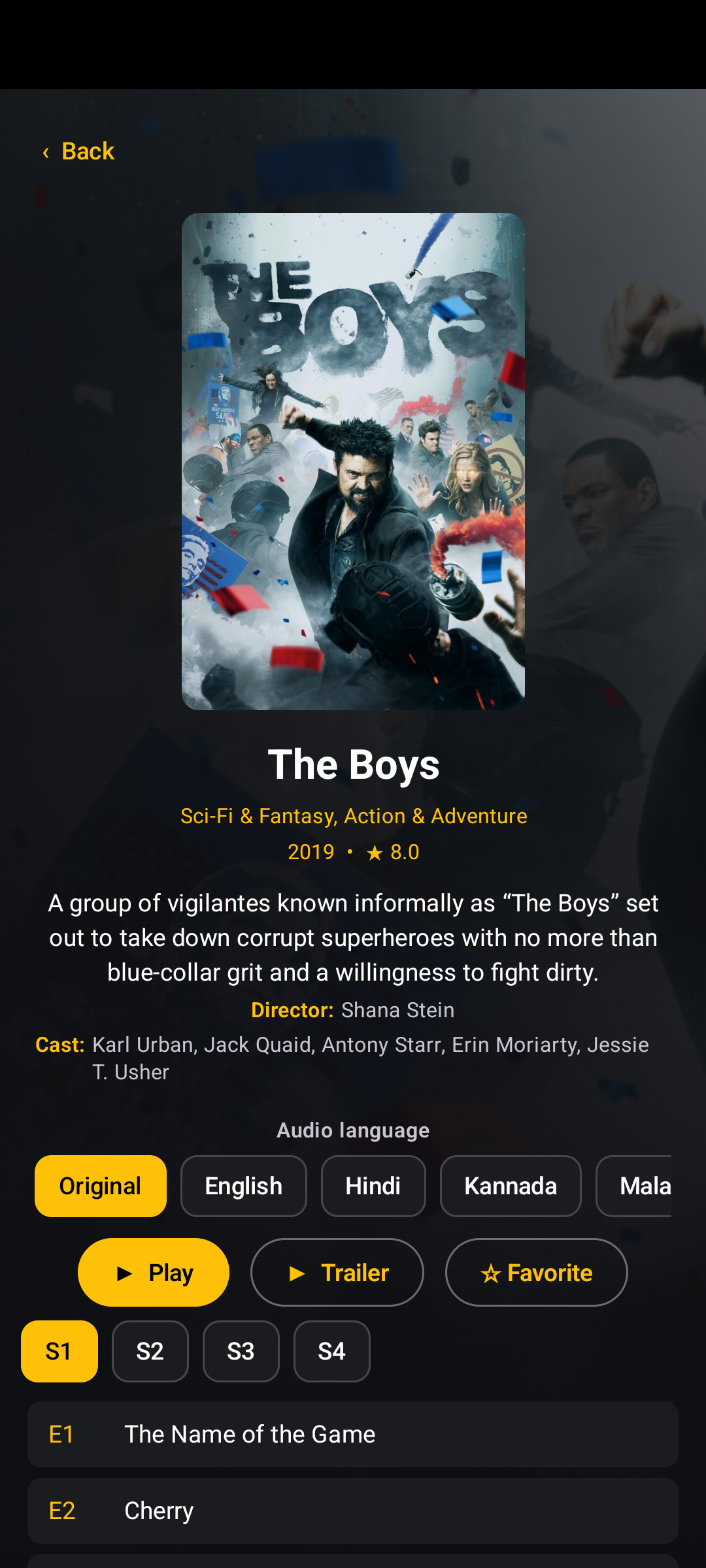 The Boys series page on an Android phone with language chips, seasons and episodes
