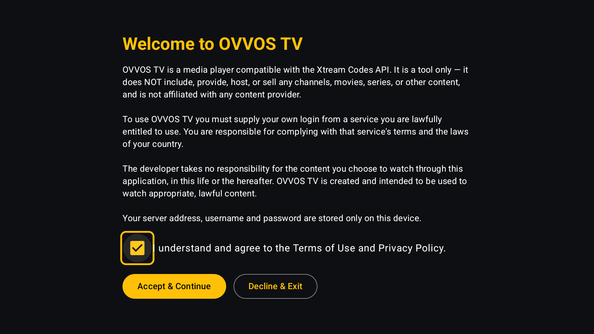 Welcome to OVVOS TV disclaimer with the agreement box ticked and Accept & Continue button