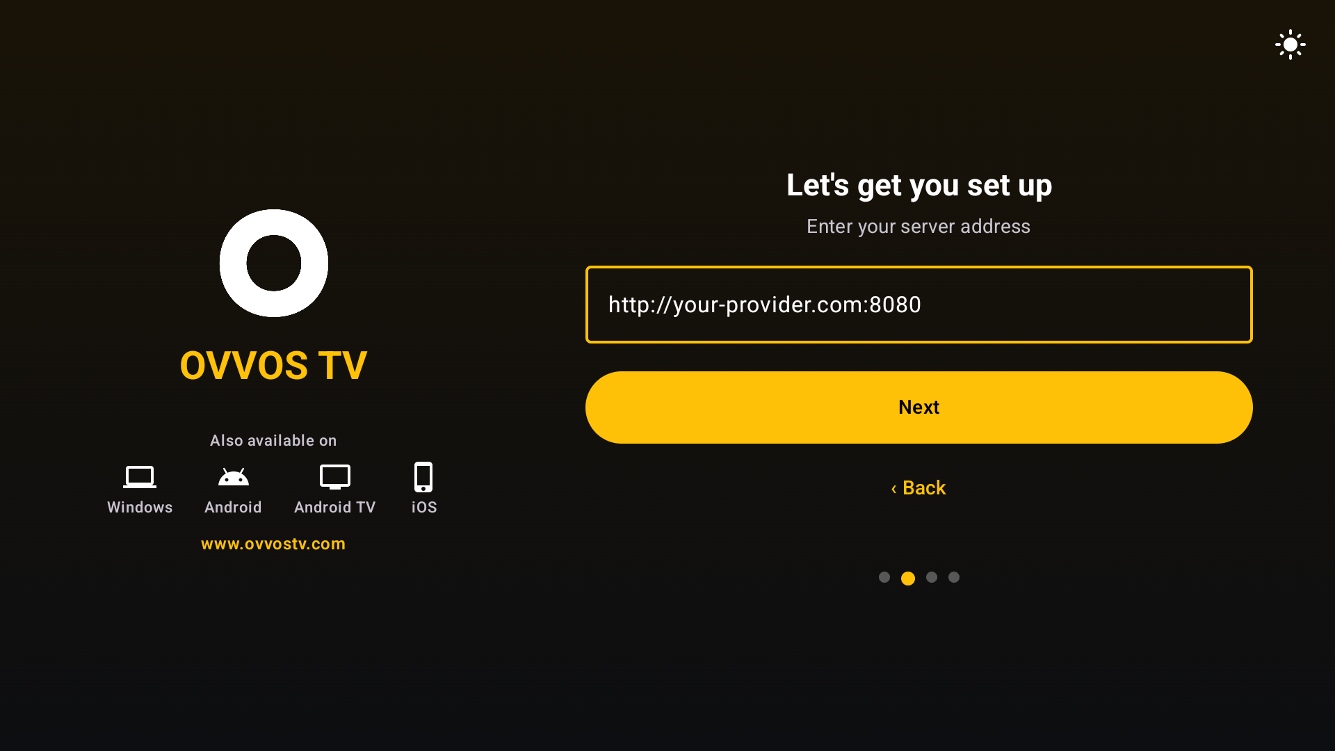 Let's get you set up: server address field with http://your-provider.com:8080