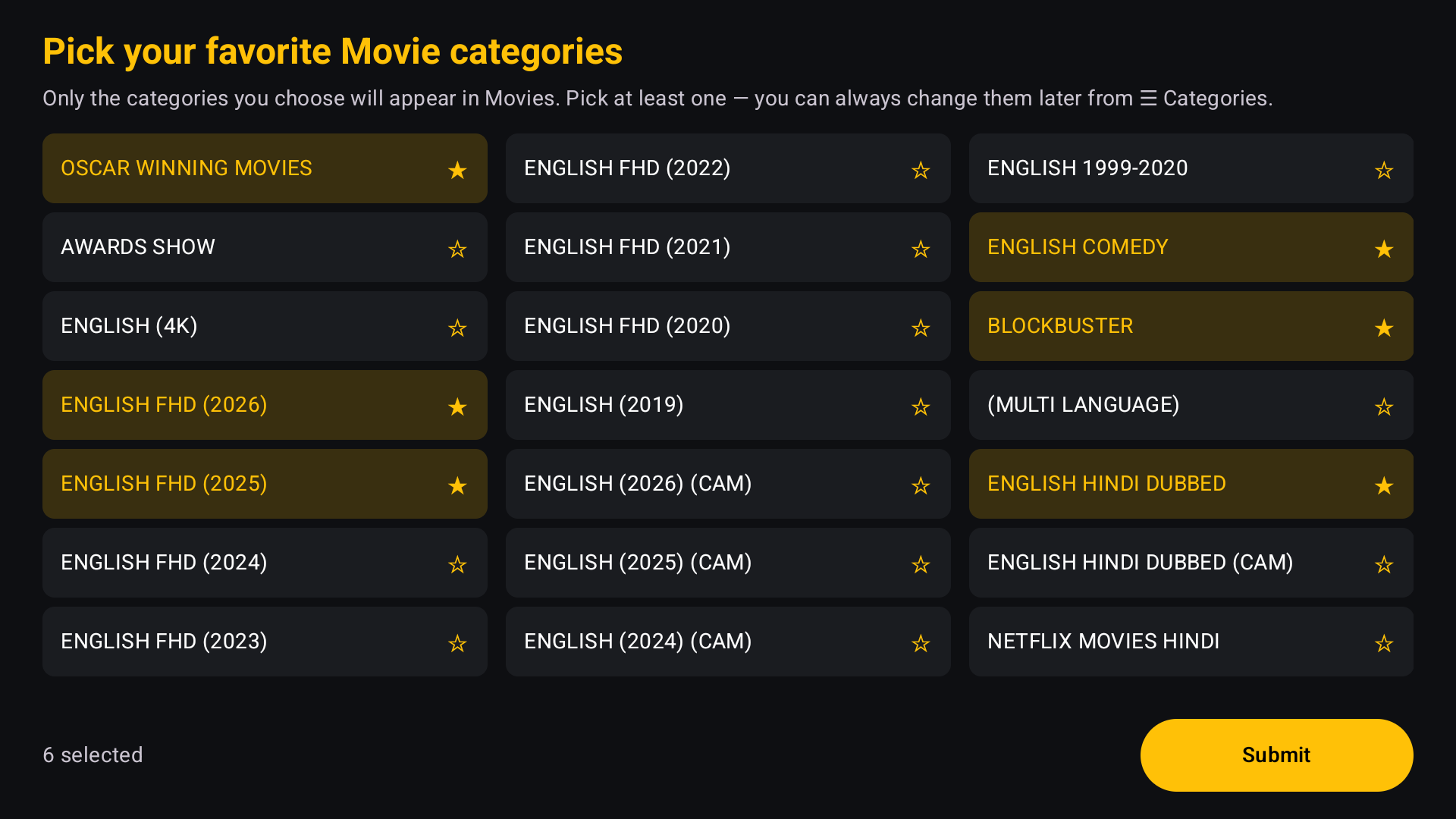 Category picker on first launch: six movie categories chosen and highlighted in gold with stars