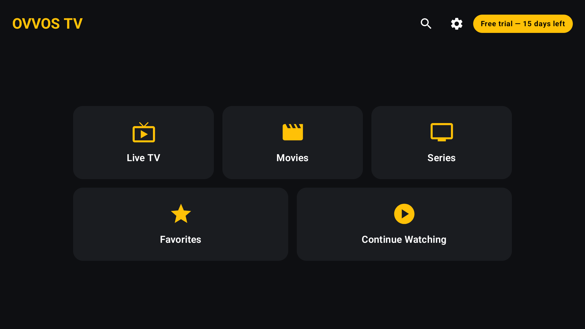 Home hub with five tiles and the free trial chip
