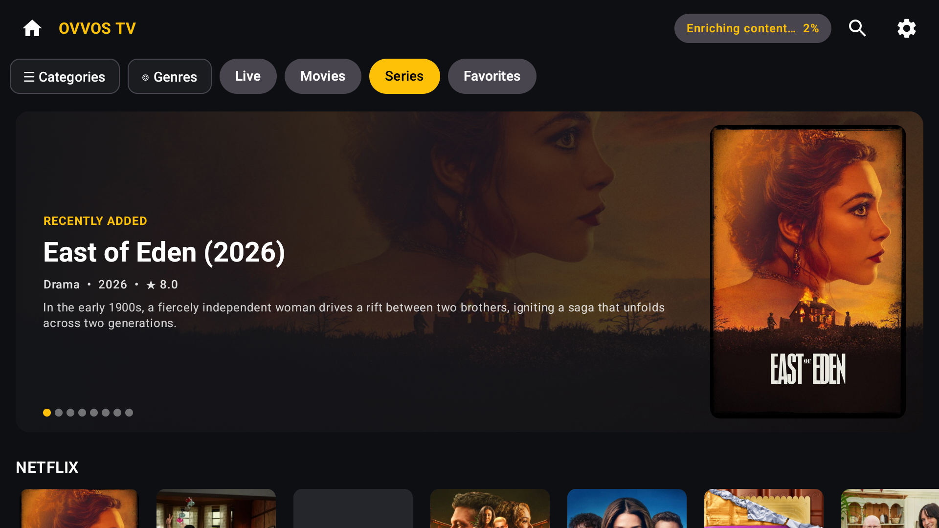 Series home on Android TV with a Recently added featured banner for East of Eden (2026), plot, poster and page dots