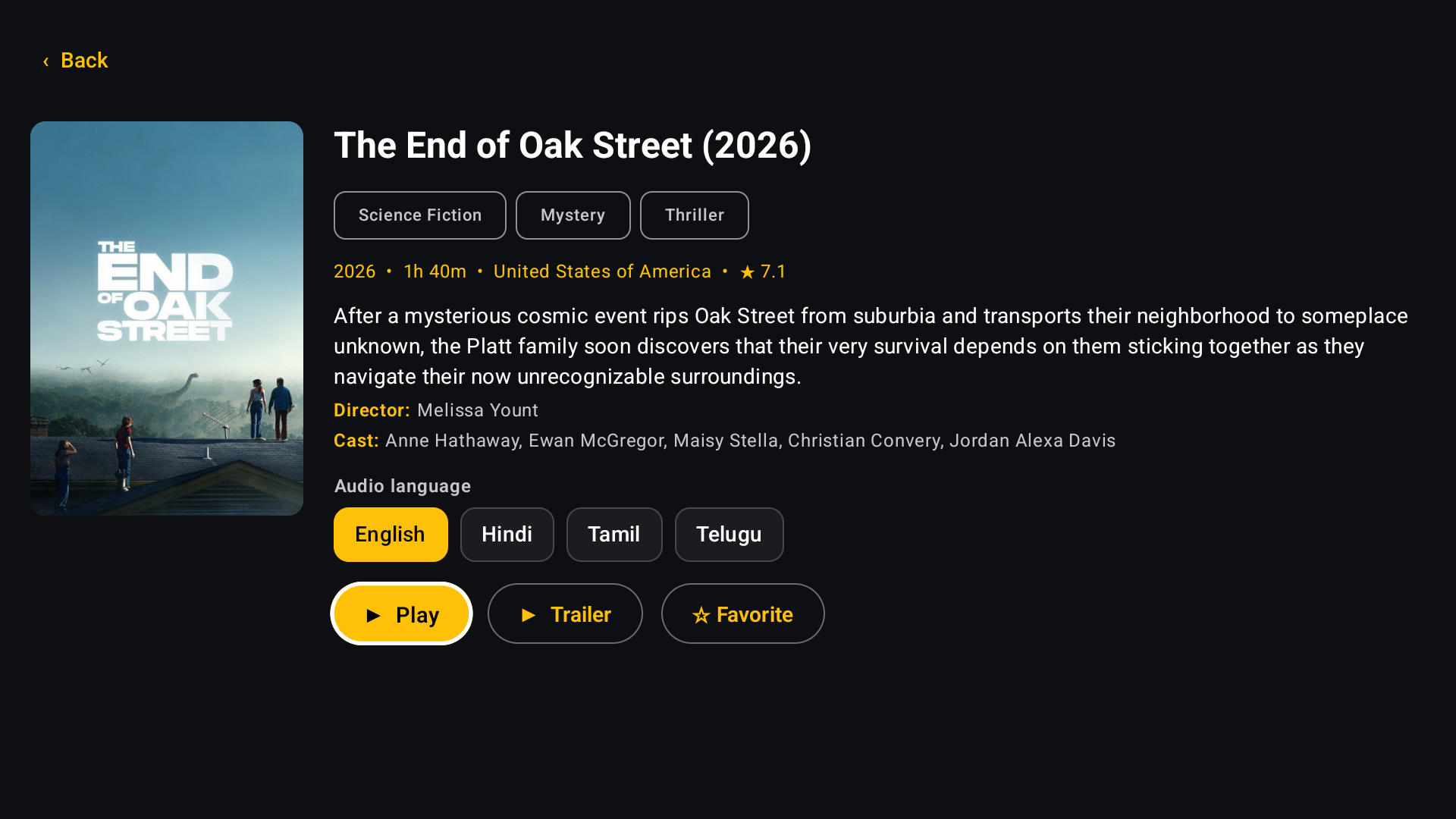 Movie page for The End of Oak Street with genres, year, run time, country, rating, plot, director, cast and Play, Trailer and Favorite buttons