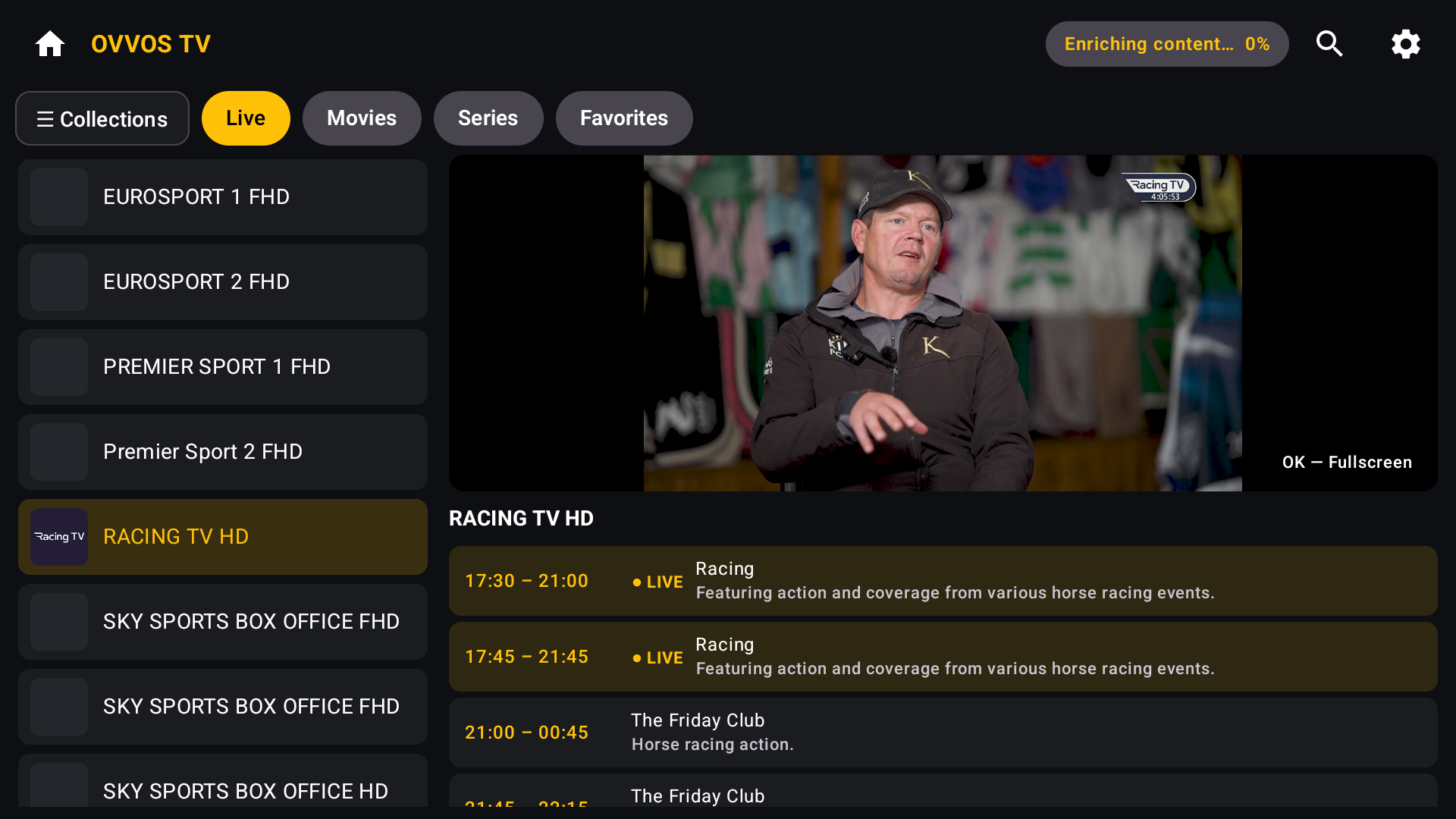 Live TV on Android TV: channel list on the left, live video preview on the right, programme guide below with LIVE markers