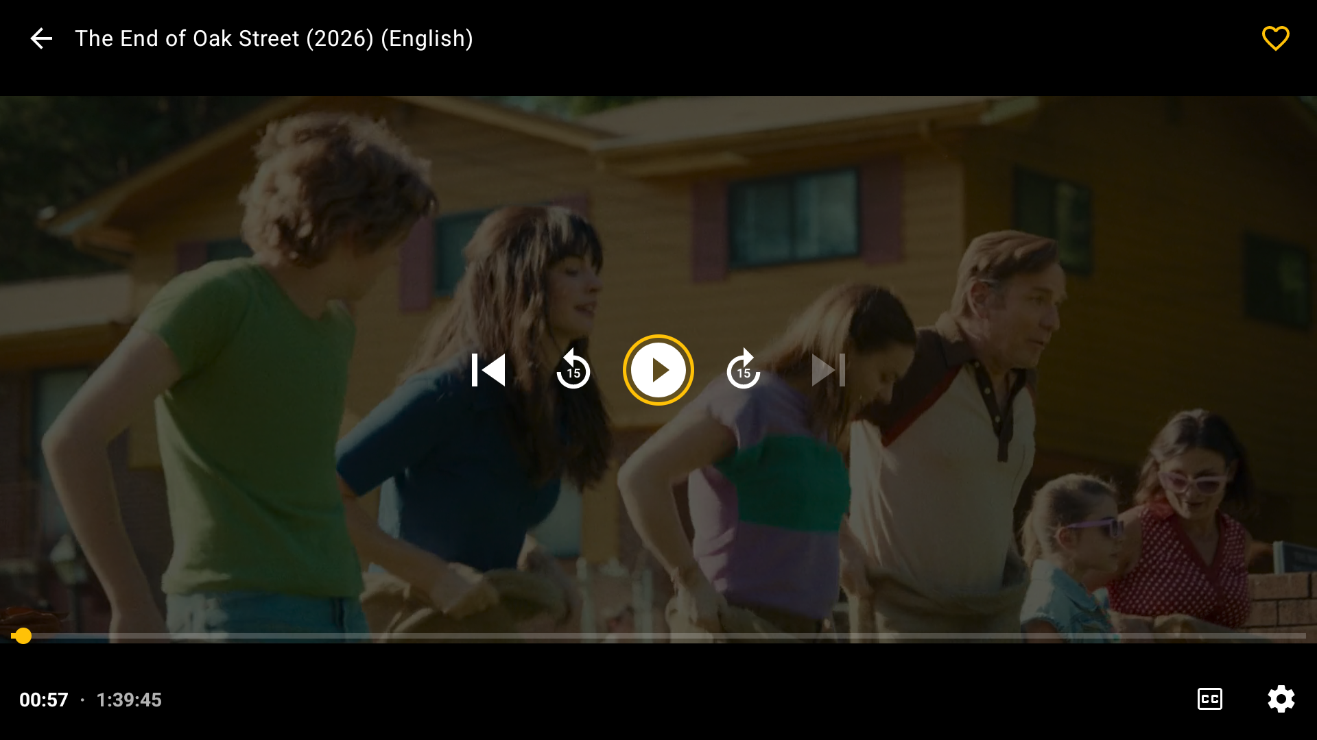 Movie player paused with title bar, favourite heart, skip back and forward 15 seconds, progress bar, subtitles and settings