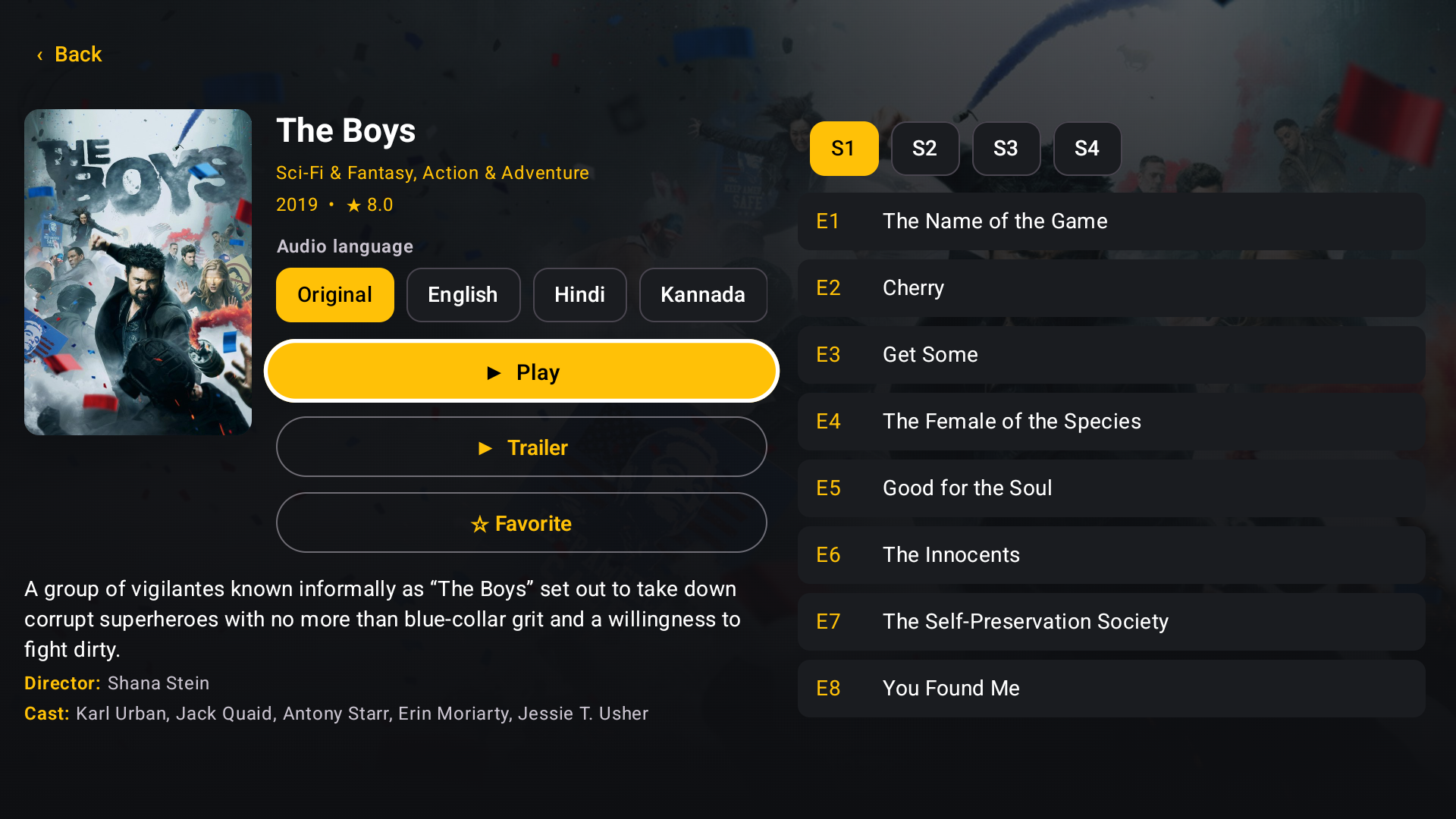 Series page for The Boys with audio language chips, seasons and episode list