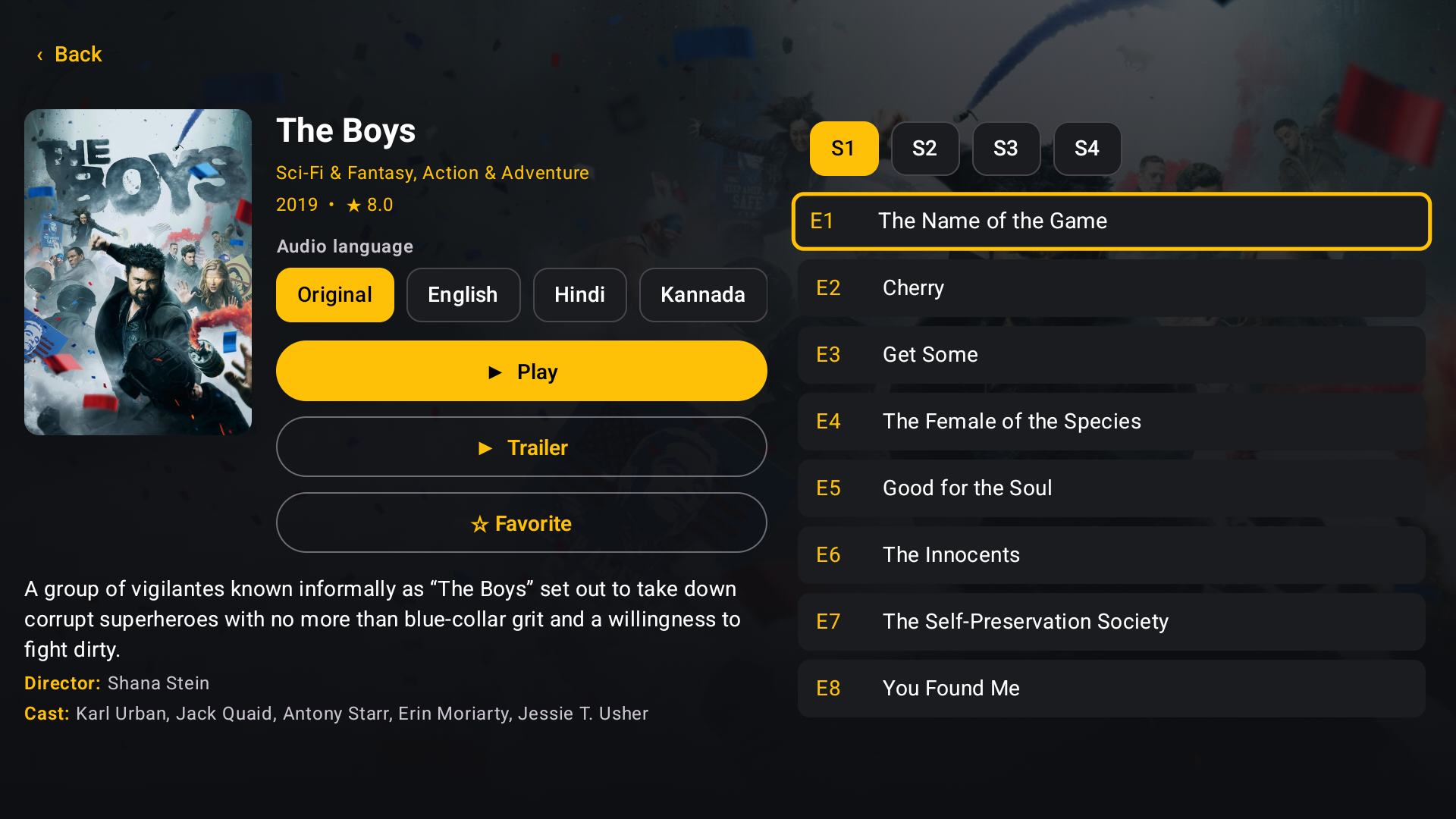 Series page for The Boys on Android TV with the remote's gold focus ring on episode E1, seasons S1 to S4 and audio language chips