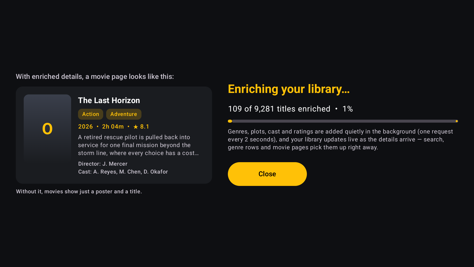 Enriching your library screen: 109 of 9,281 titles enriched, with an example of an enriched movie page