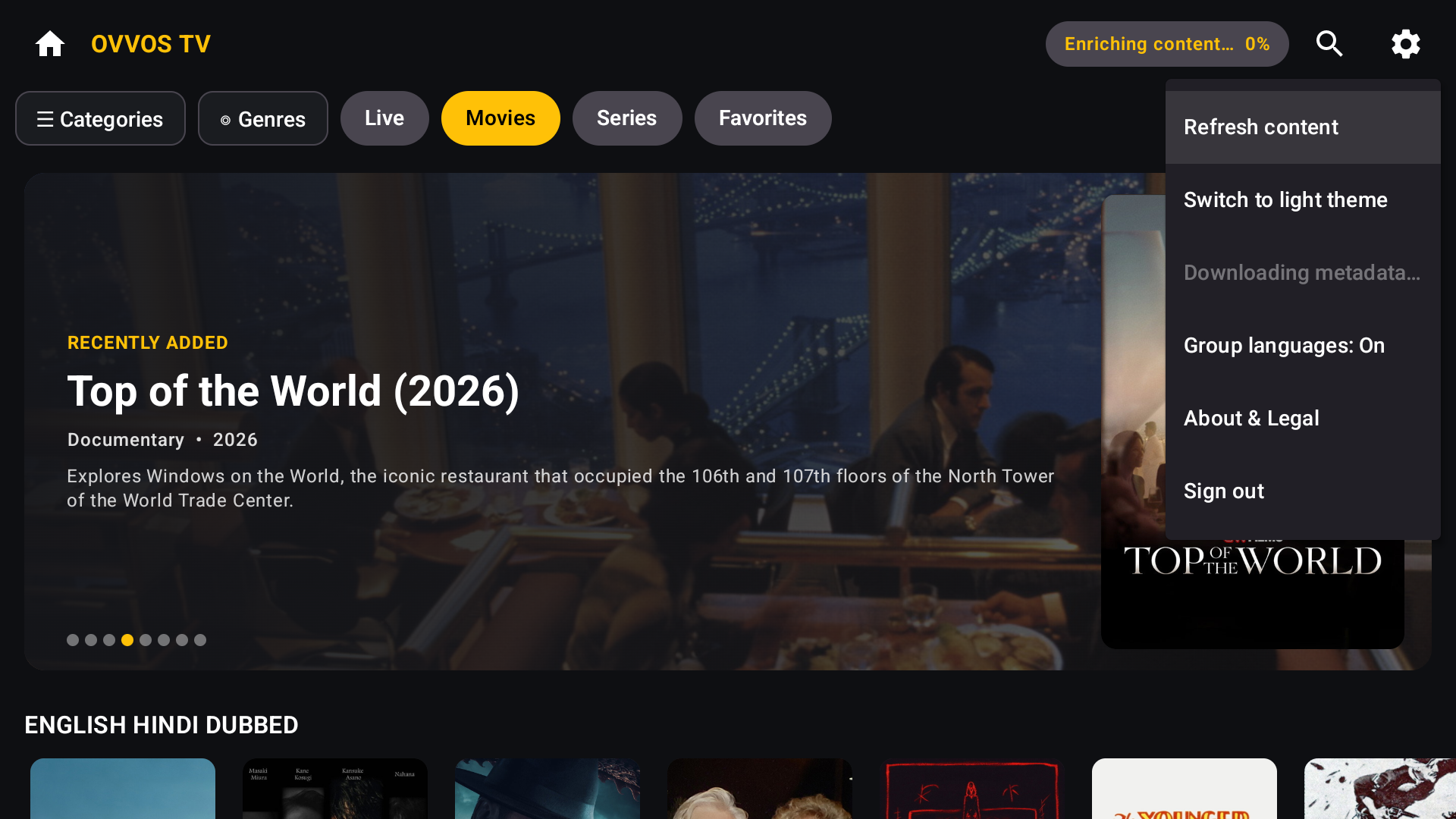Settings menu on Android TV: Refresh content, light theme, metadata, Group languages On, About and Legal, Sign out