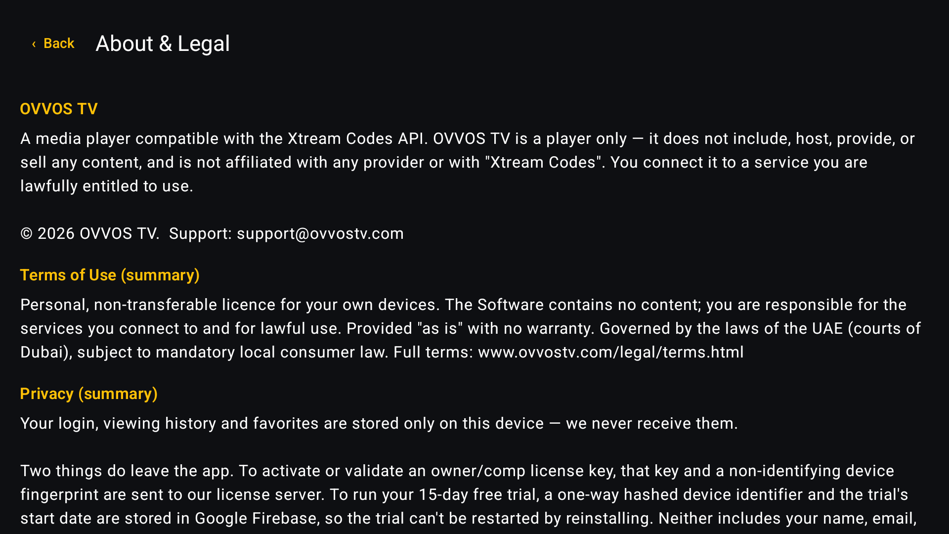 About and Legal screen with the player-only statement, terms and privacy summaries and support email
