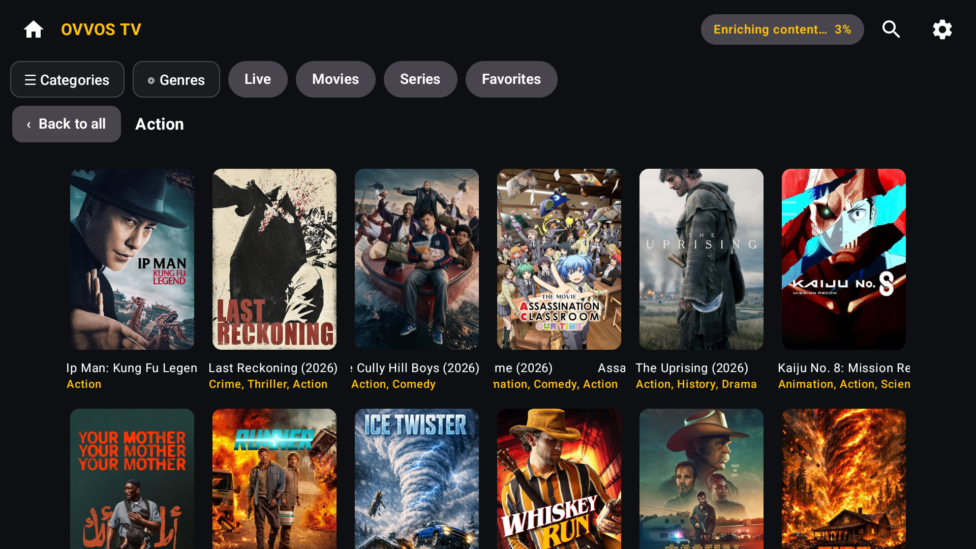Action genre grid with a full page of posters and genre lines