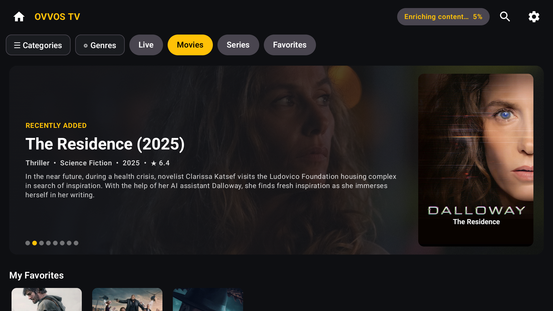 Movies home on Android TV: Recently added banner for The Residence (2025) with genre, year, rating and plot