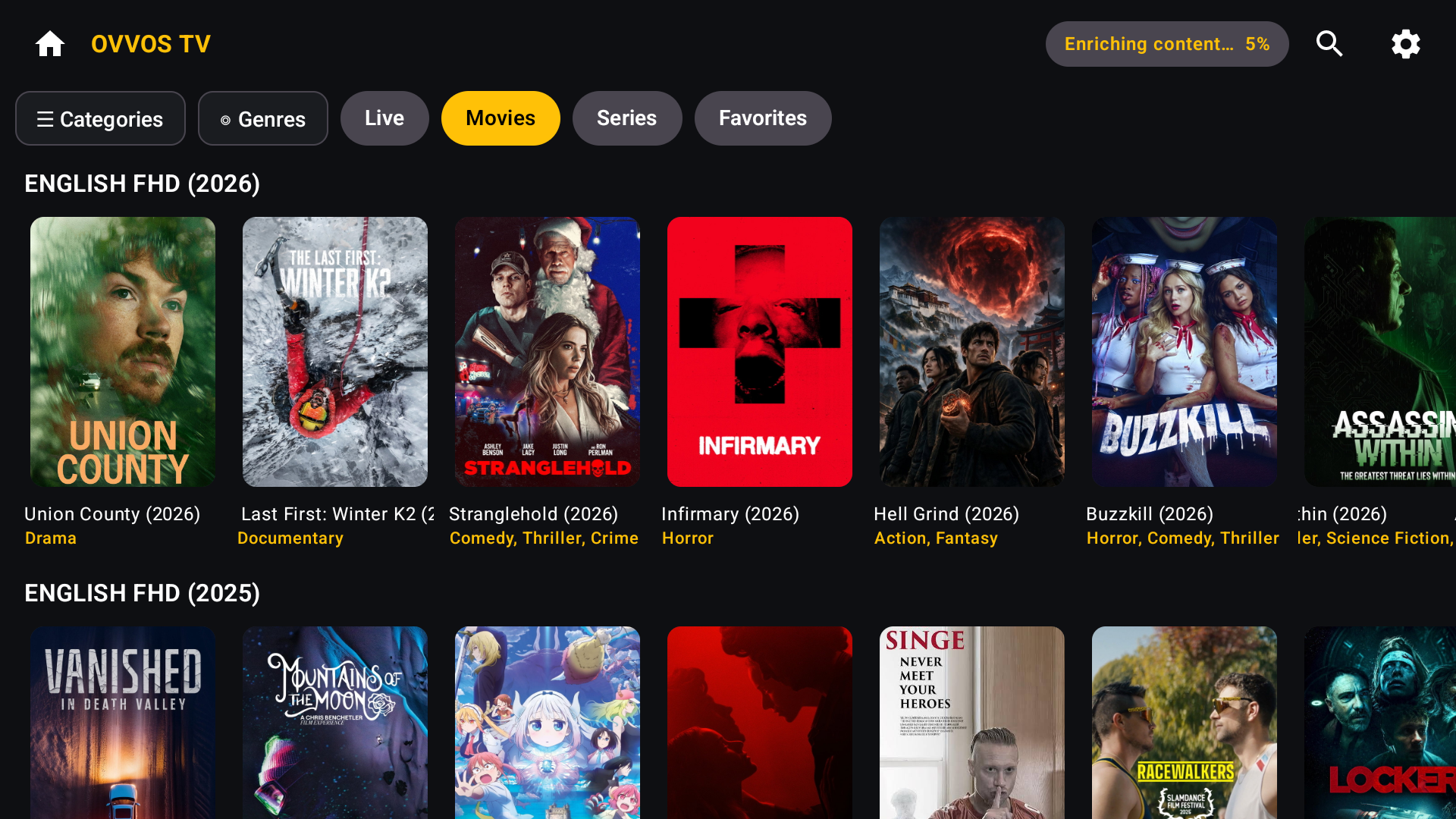 Movie poster rows on Android TV: English FHD 2026 and 2025 rows with titles and genres under each poster