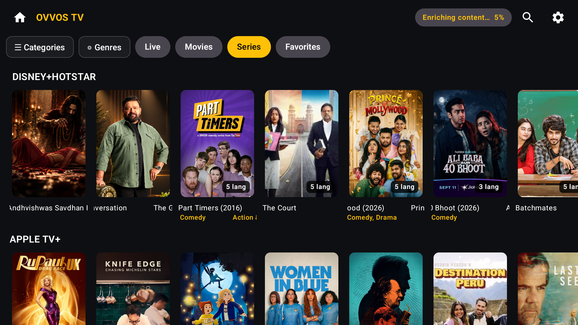 Series rows on Android TV for Disney+Hotstar and Apple TV+ categories with 5 lang and 3 lang badges on posters
