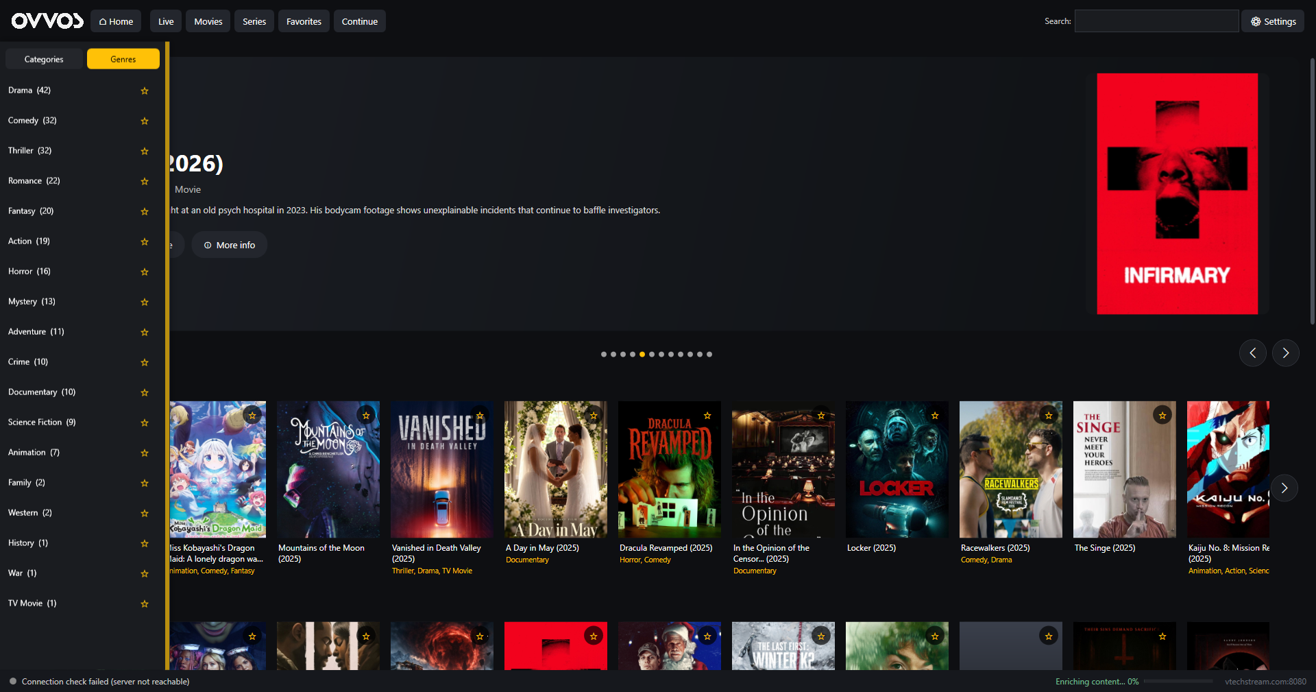 OVVOS TV on Windows: genres panel with title counts beside the poster rows