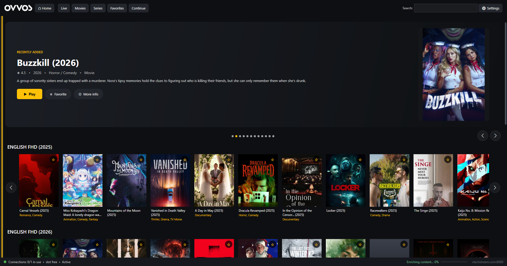 OVVOS TV on Windows: Recently added banner for Buzzkill (2026) above poster rows
