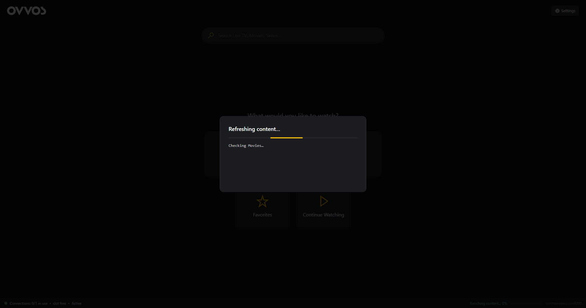 OVVOS TV on Windows: Refreshing content dialog with a progress bar