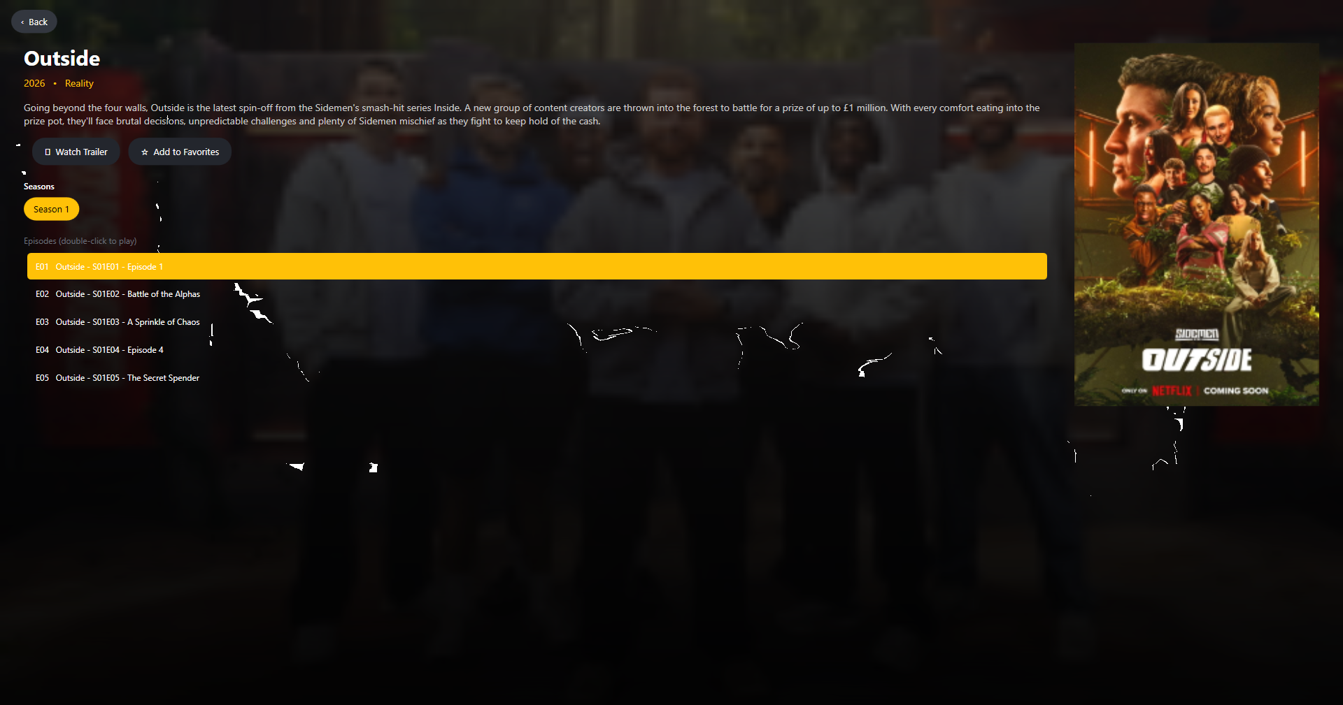 OVVOS TV on Windows: series page for Outside with seasons and episode list